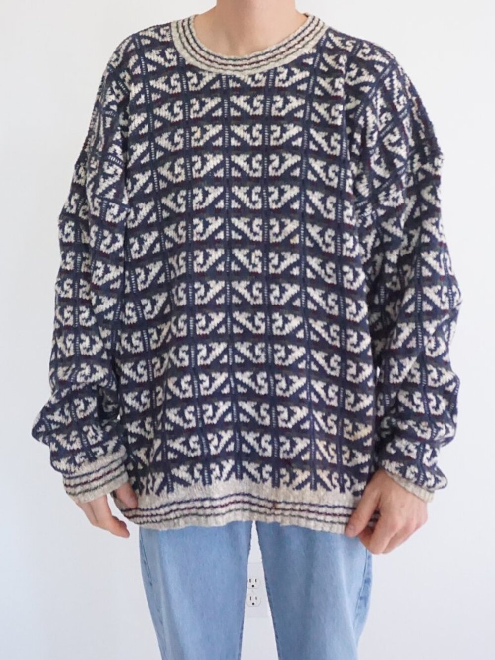 Vintage Timber Trail Navy Cream Geometric Cotton USA Long Sleeve Knit Sweater 2X